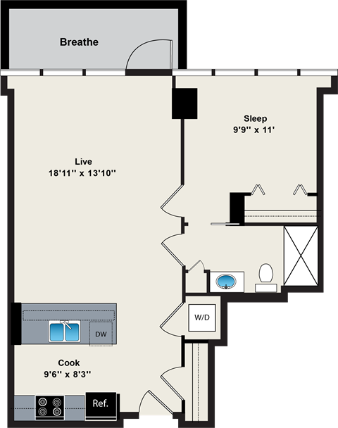 A floor plan of a house with a sleeping area, a living area, a kitchen, and a bathroom.